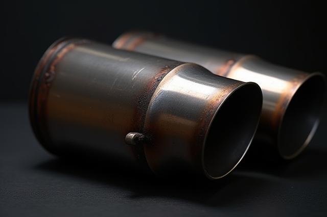 Componente di scarico in acciaio inossidabile lucidato, con saldature precise.